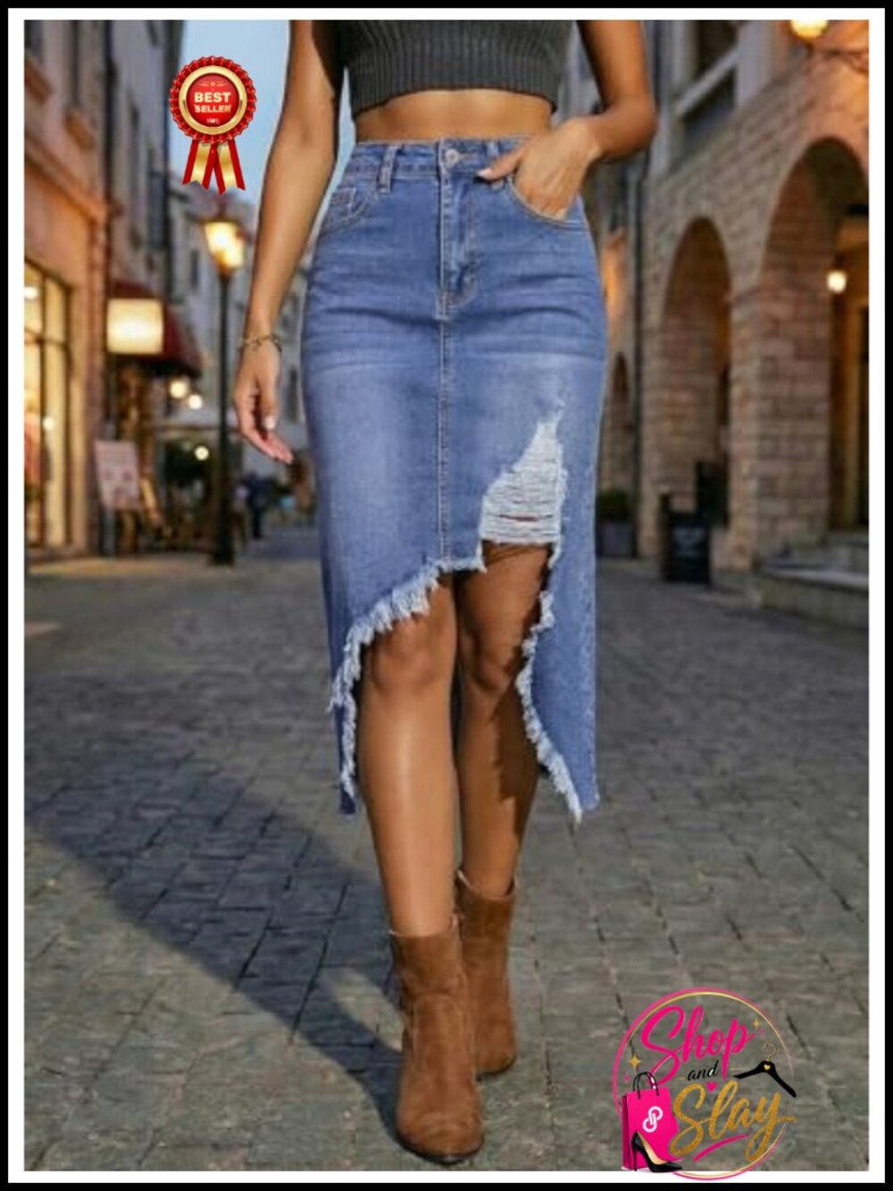 High Waisted Distressed Denim Midi Skirt Button Front Ripped - Picture 2 of 4